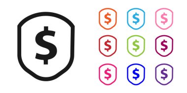 Siyah Kalkan dolar sembolü simgesi beyaz arka plan üzerinde izole ile. Güvenlik kalkanı koruması. Para güvenliği kavramı. Simgeleri renkli ayarlayın. Vektör İllüstrasyonu