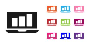Beyaz arkaplanda grafik grafik simgesi olan siyah dizüstü bilgisayar. Metin dosya simgesini rapor et. Muhasebe tabelası. Denetim, analiz, planlama. Simgeleri renklendirin. Vektör İllüstrasyonu