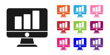 Grafik çizelgesi simgesi beyaz arkaplanda izole edilmiş siyah bilgisayar monitörü. Metin dosyasını rapor et. Muhasebe tabelası. Denetim, analiz, planlama. Simgeleri renklendirin. Vektör İllüstrasyonu