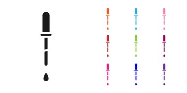 Siyah Pipette simgesi beyaz arkaplanda izole edildi. Tıbbi elementler, kimya laboratuarı ekipmanları. Damlalı boru. Tıp sembolü. Simgeleri renklendirin. Vektör İllüstrasyonu