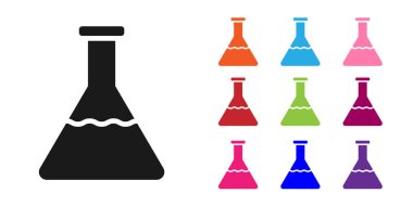 Beyaz arka planda siyah test tüpü ve kimyasal test ikonu izole edildi. Laboratuvar cam levhası. Simgeleri renklendirin. Vektör İllüstrasyonu
