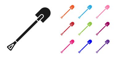 Siyah Ateş küreği simgesi beyaz arkaplanda izole edildi. Yangın koruma ekipmanları. İtfaiyeciler için ekipman. Simgeleri renklendirin. Vektör İllüstrasyonu