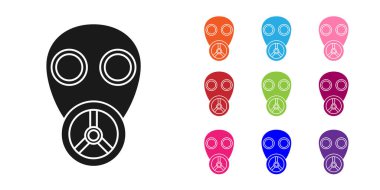 Beyaz arkaplanda siyah gaz maskesi simgesi izole edildi. Solunum cihazı işareti. Simgeleri renklendirin. Vektör İllüstrasyonu