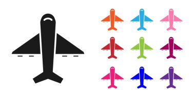 Siyah düzlem simgesi beyaz arka planda yalıtılmış. Uçan uçak simgesi. Airliner işareti. Simgeler renkli ayarlayın. Vektör Illustration