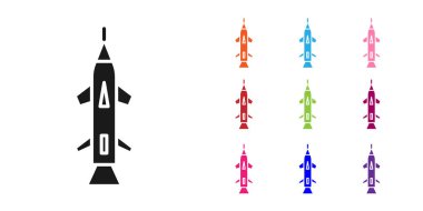 Siyah Roket simgesi beyaz arkaplanda izole edildi. Simgeleri renklendirin. Vektör İllüstrasyonu