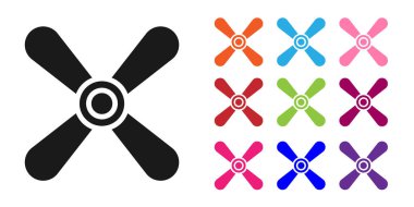 Siyah Uçak pervane simgesi beyaz arkaplanda izole edildi. Klasik uçak pervanesi. Simgeleri renklendirin. Vektör İllüstrasyonu