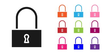 Siyah Kilit simgesi beyaz arkaplanda izole edildi. Asma kilit işareti. Güvenlik, güvenlik, koruma, gizlilik kavramı. Simgeleri renklendirin. Vektör İllüstrasyonu