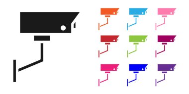 Siyah güvenlik kamerası simgesi beyaz arkaplanda izole edildi. Simgeleri renklendirin. Vektör İllüstrasyonu