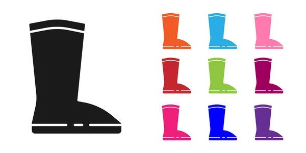 Icono de bota de goma impermeable negro aislado sobre fondo blanco. Botas de goma para el clima lluvioso, la pesca, la jardinería. Establecer iconos de colores. Ilustración vectorial — Vector de stock