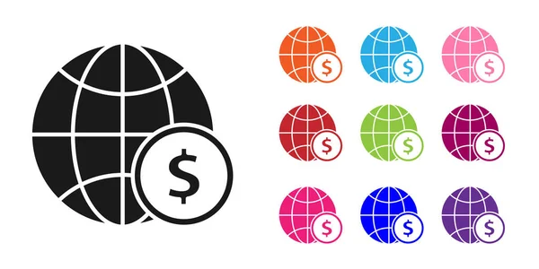 Globo de la Tierra Negra con símbolo de dólar aislado sobre fondo blanco. Signo del mundo o la Tierra. Símbolo global de Internet. Formas geométricas. Establecer iconos de colores. Ilustración vectorial — Vector de stock