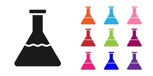 黑色试管和烧瓶化学实验室测试图标隔离在白色背景。 实验室玻璃器皿标志。 设置彩色图标。 病媒图解 — 图库矢量图片