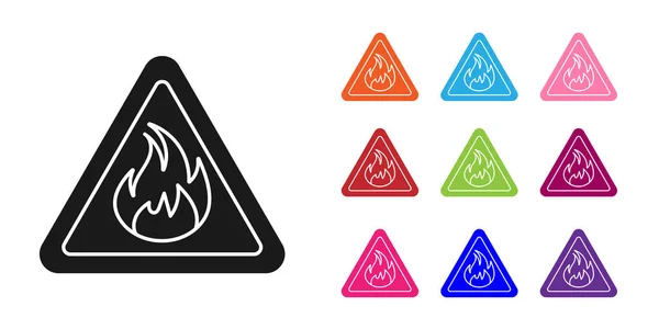 Black Fire vlam in driehoek pictogram geïsoleerd op witte achtergrond. Waarschuwing van ontvlambaar product. Stel pictogrammen kleurrijk. Vector Illustratie — Stockvector