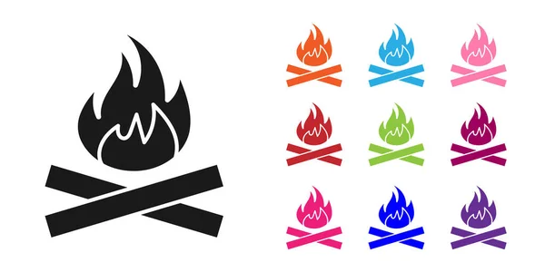 Schwarzes Lagerfeuer-Symbol isoliert auf weißem Hintergrund. Brennendes Feuer mit Holz. Setzen Sie Symbole bunt. Vektorillustration — Stockvektor