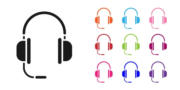 Auriculares negros con icono de micrófono aislado sobre fondo blanco. Establecer iconos de colores. Ilustración vectorial — Vector de stock