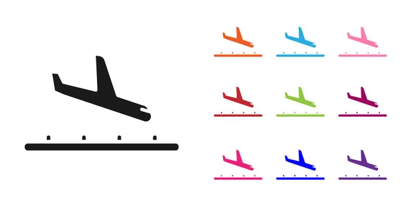 Black Plane Landung Symbol isoliert auf weißem Hintergrund. Symbol für den Flugzeugtransport. Setzen Sie Symbole bunt. Vektorillustration — Stockvektor