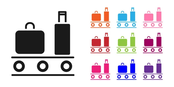 Schwarzes Flughafen-Förderband mit Passagiergepäck, Koffer, Tasche, Gepäcksymbol isoliert auf weißem Hintergrund. Setzen Sie Symbole bunt. Vektorillustration — Stockvektor