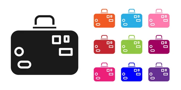Schwarzer Koffer für Reisesymbol isoliert auf weißem Hintergrund. Reisegepäckzeichen. Reisegepäcksymbol. Setzen Sie Symbole bunt. Vektorillustration — Stockvektor
