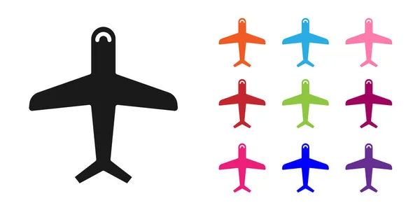 Schwarzes Flugzeug-Symbol isoliert auf weißem Hintergrund. Flugzeugikone. Verkehrszeichen. setzen Symbole bunt. Vektorillustration — Stockvektor