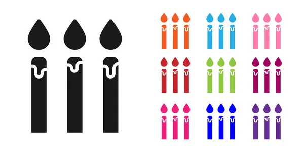 Icona di candele torta di compleanno nero isolato su sfondo bianco. Set icone colorate. Illustrazione vettoriale — Vettoriale Stock