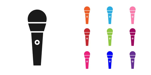 Icono de Karaoke negro aislado sobre fondo blanco. Micrófono y monitor. Establecer iconos de colores. Ilustración vectorial — Vector de stock