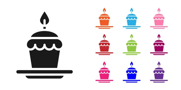 Gâteau noir avec des bougies brûlantes icône isolée sur fond blanc. Joyeux anniversaire. Définir des icônes colorées. Illustration vectorielle — Image vectorielle