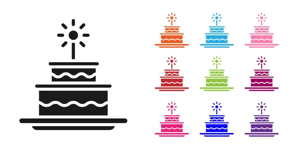 Gâteau noir avec des bougies brûlantes icône isolée sur fond blanc. Joyeux anniversaire. Définir des icônes colorées. Illustration vectorielle — Image vectorielle