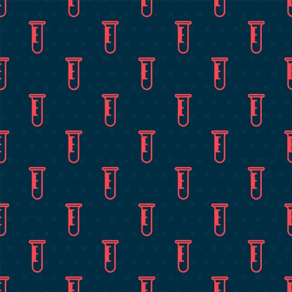 Linha vermelha Tubo de teste e ícone de frasco isolado padrão sem costura no fundo preto. Teste de laboratório químico. Objectos de laboratório. Ilustração vetorial — Vetor de Stock