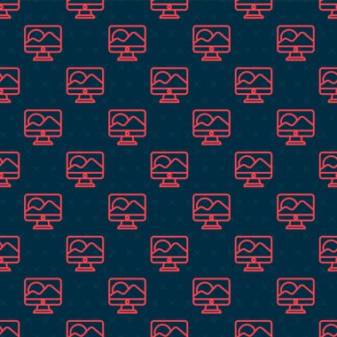 Kırmızı çizgi bilgisayar ekranı simgesi siyah arkaplanda izole edilmiş. Elektronik cihaz. Ön manzara. Vektör İllüstrasyonu