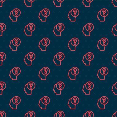 Kırmızı çizgi insan kafası ve soru işareti simgesi siyah arka planda izole edilmiş kusursuz desen. Vektör İllüstrasyonu