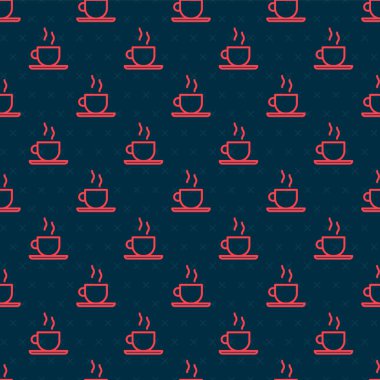 Kırmızı çizgi kahve fincanı ikonu siyah arka planda kusursuz desen izole etti. Çay fincanı. Sıcak içecek kahvesi. Vektör İllüstrasyonu