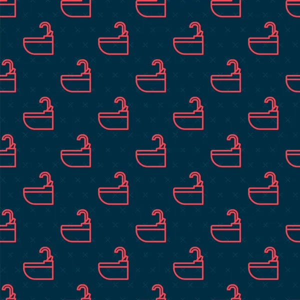 Röd linje Tvättställ med vatten kran ikon isolerad sömlös mönster på svart bakgrund. Vektor Illustration — Stock vektor