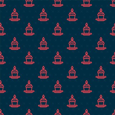 Kırmızı çizgi keki, yanan mum simgesiyle siyah arkaplanda izole edilmiş pürüzsüz desen. Doğum günün kutlu olsun. Vektör İllüstrasyonu