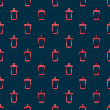 Kırmızı çizgi kağıt bardak, pipet ve su ikonu içerek siyah arka planda izole edilmiş, pürüzsüz desen. Soda bardağı. Taze soğuk içecek sembolü. Vektör İllüstrasyonu