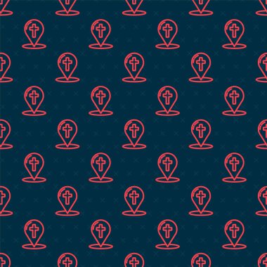 Kırmızı çizgi haritası işaretçisi ve Hıristiyan haç simgesi siyah arkaplanda izole edilmiş kusursuz desen. Vektör İllüstrasyonu