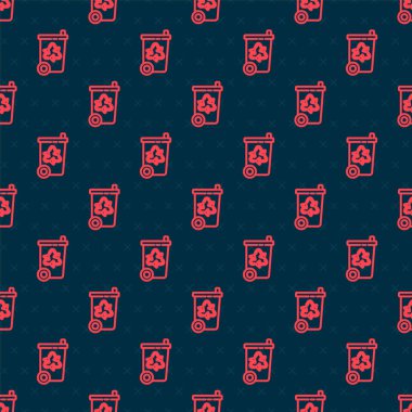 Geri dönüşüm sembolü simgesi olan kırmızı çizgi geri dönüşüm kutusu siyah arkaplanda izole edilmiş dikişsiz desen. Çöp kutusu simgesi. Çöp kutusu tabelası. Geri dönüşüm sepeti işareti. Vektör İllüstrasyonu