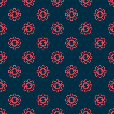 İş akışı konsepti simgesi olarak kırmızı çizgi dişlileri ve oklar siyah arkaplanda izole edilmiş pürüzsüz desen. Vites doldurma tabelası. Vektör İllüstrasyonu