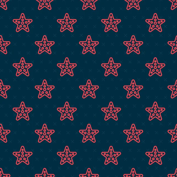 Línea roja Icono estrella de mar aislado patrón sin costura sobre fondo negro. Ilustración vectorial — Vector de stock