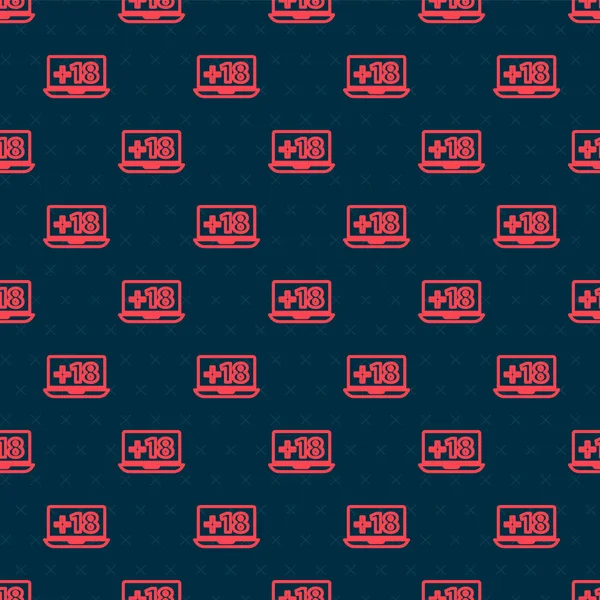 Laptop linha vermelha com 18 plus ícone de conteúdo isolado padrão sem costura no fundo preto. Símbolo de restrição de idade. Canal adulto. Ilustração vetorial — Vetor de Stock