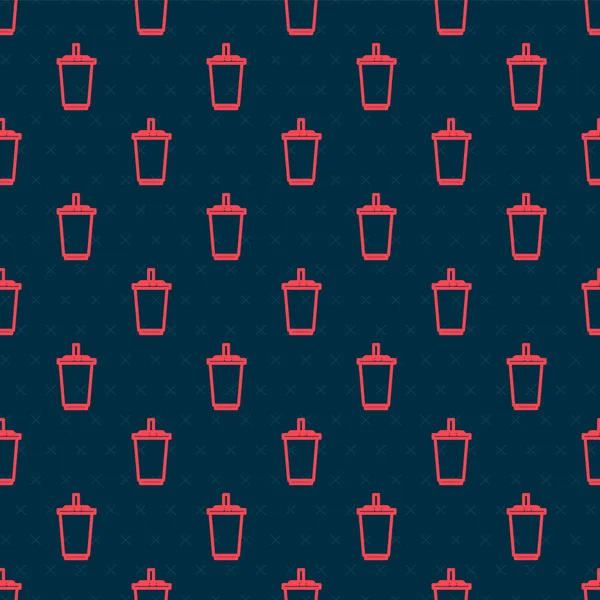 Kırmızı çizgi kağıt bardak, pipet ve su ikonu içerek siyah arka planda izole edilmiş, pürüzsüz desen. Soda bardağı. Taze soğuk içecek sembolü. Vektör İllüstrasyonu