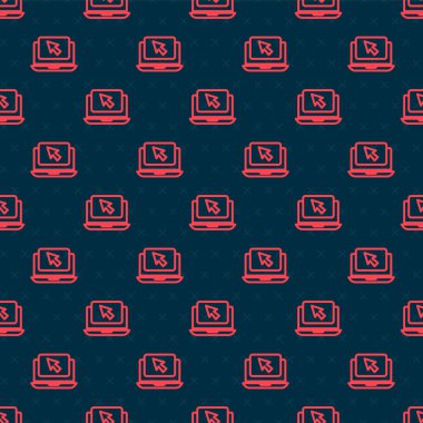 Kırmızı çizgi dizüstü bilgisayarı ve imleç simgesi siyah arkaplanda izole edilmiş. Boş ekran işaretli bilgisayar defteri. Vektör İllüstrasyonu