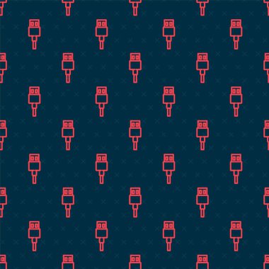 Kırmızı çizgi Usb kablo ikonu siyah arkaplanda izole edilmiş kusursuz desen. Bilgisayar ve mobil aygıtlar için bağlantı ve soketler. Vektör İllüstrasyonu