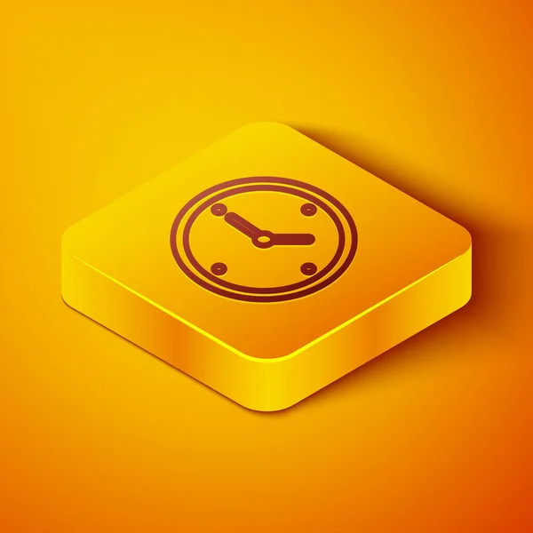 Línea isométrica Icono de entrega en tiempo rápido aislado sobre fondo naranja. Servicio oportuno, cronómetro en movimiento, concepto de plazo, velocidad del reloj. Botón cuadrado amarillo. Ilustración vectorial — Vector de stock