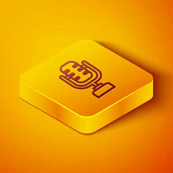 Isometric line Microphone icon isolated on orange background. On air radio mic microphone. Speaker sign. Yellow square button. Vector Illustration — Stock Vector