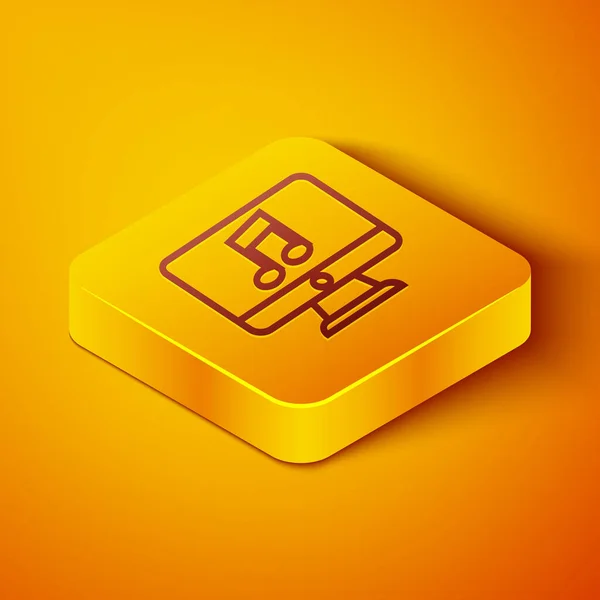 Isometric line Computer with music note symbol on screen icon isolated on orange background. Yellow square button. Vector Illustration — Stock Vector