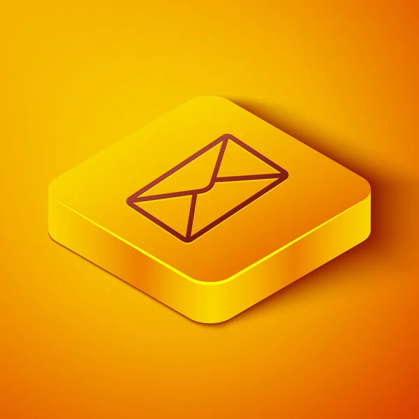 Icono de envolvente de línea isométrica aislado sobre fondo naranja. Mensaje de correo electrónico símbolo de letra. Botón cuadrado amarillo. Ilustración vectorial — Vector de stock