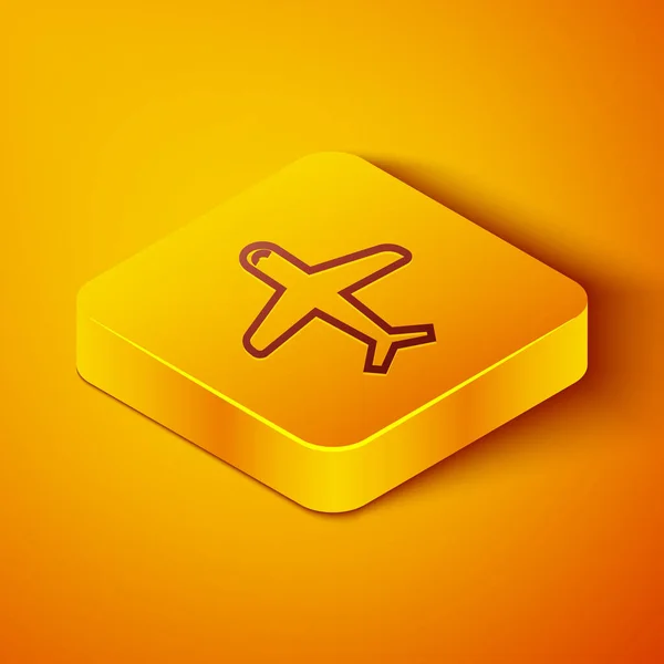 Isometric line Plane icon isolated on orange background. Flying airplane icon. Airliner sign. Yellow square button. Vector Illustration — Stock Vector