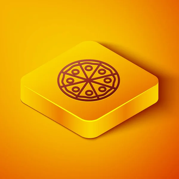 Изометрическая линия Пицца значок изолирован на оранжевом фоне. Меню быстрого питания. Желтая квадратная кнопка. Векторная миграция — стоковый вектор
