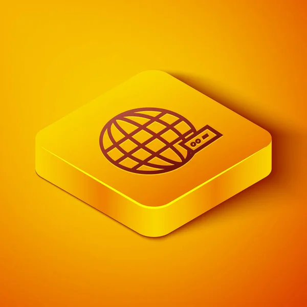Línea isométrica Icono de red social o tecnología global aislado sobre fondo naranja. Botón cuadrado amarillo. Ilustración vectorial — Archivo Imágenes Vectoriales