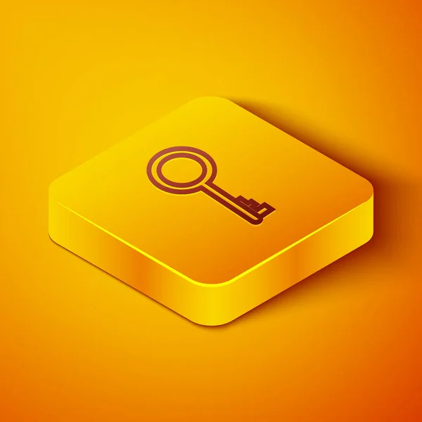 Isometric line Old key icon isolated on orange background. Yellow square button. Vector Illustration — Stock Vector