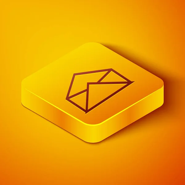 Icono de envolvente de línea isométrica aislado sobre fondo naranja. Mensaje de correo electrónico símbolo de letra. Botón cuadrado amarillo. Ilustración vectorial — Vector de stock